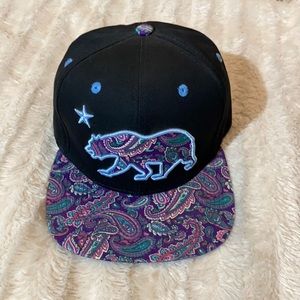 California snap back hat paisley black purple blue flat brim top level hat